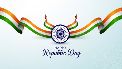 Vibrant indian republic day celebration graphic with wavy tricolor ribbon and ashoka chakra symbol on white background with Patriotic theme and National pride