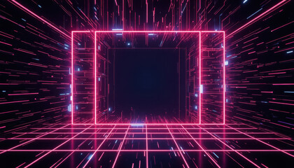 A futuristic neon-lit tunnel with a glowing pink square in the center