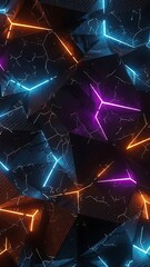 Neon lit polygonal shapes with cracks and fractures in dark background  vibrant colors