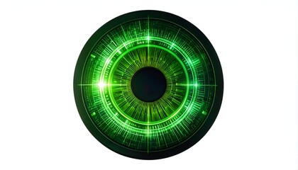 Futuristic glowing eye in shades of green, with technological highlights