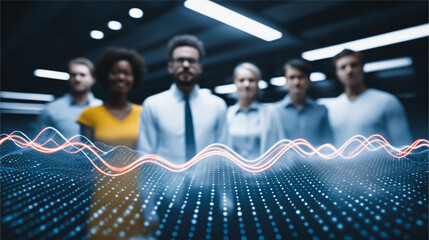Diverse Business Team with Futuristic Data Waveform Visualization, AI and Big Data Concept