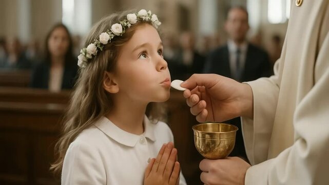 A young girl receives the Eucharist from a priest during her First Holy Communion. A close-up of a sacred Catholic sacrament inside a church. Faith and religion concept