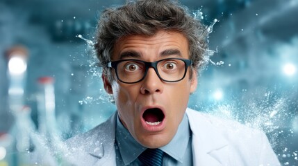 Inside a chaotic laboratory, a wild-haired scientist appears shocked as an experiment bubbles over, splattering colorful liquids. Beakers and flasks surround him, showcasing his messy work