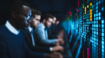 Data Security Team Working on Binary Code Screen in Dark Server Room