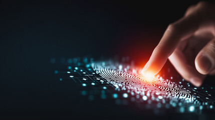 Biometric security scan concept, finger pressing glowing fingerprint on dark digital interface