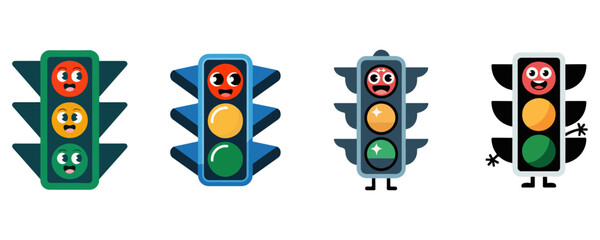 Traffic Light Characters Set with Expressions Vector Illustration