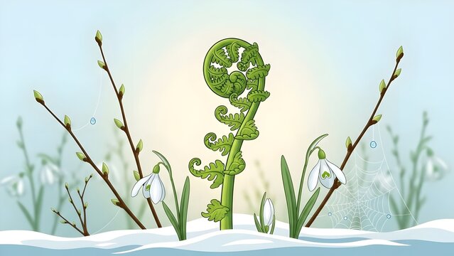 Spring scene with snowdrops ferns and budding branches in a snowy landscape with spider webs