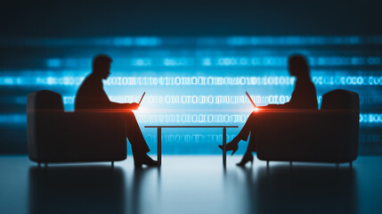 Two Business Silhouettes Working on Laptops Against a Digital Binary Code Background, Representing Data Exchange and Cybersecurity