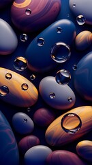 Smooth colorful stones with water droplets on surface in dark blue background