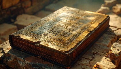 A golden, engraved book rests on ancient stone ruins, bathed in warm light, exuding mystery and age