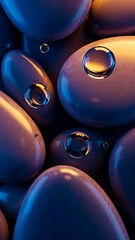 Closeup of smooth pebbles with clear water drops on their surface in warm and cool lighting