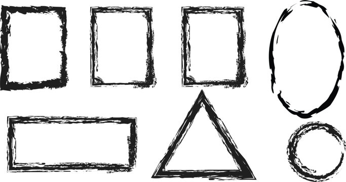 Set of hand drawn black ink grunge frames and geometric shapes.