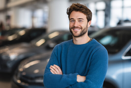 Happy young man standing with arms crossed in a car dealership, smiling at the camera while shopping for a new vehicle in a modern automotive showroom