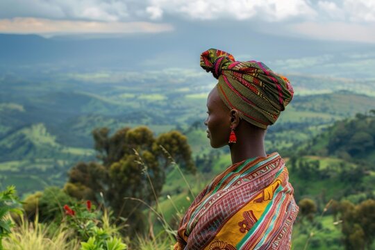 Rwandan woman wearing traditional clothes enjoying breathtaking view of cultivated hills