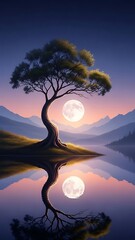 A tree standing on the shore of a lake with a mountain range in the background under a full moon