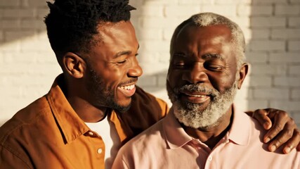 Happy young man embracing older man with affection and love