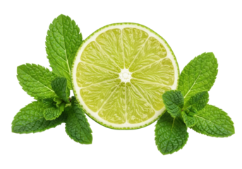 Vibrant half-lime with glistening juicy segments and fresh mint leaves, macro shot against a transparent studio background, soft, shadowless light. Concept of natural freshness and purity