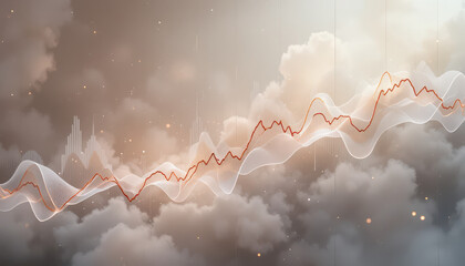 A digital illustration of a red line graph trending upwards through white clouds in a brown and gray sky