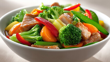 ブロッコリーやパプリカなど彩り豊かな野菜と厚切り肉を香ばしく炒めた栄養満点の野菜炒め