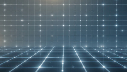 A futuristic digital grid with glowing lines and sparkling stars in a dark blue background