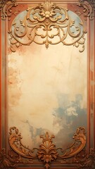 A classical architectural decorative feature with ornate gilded scrollwork on a rectangular panel with an inner faux-clouded finish