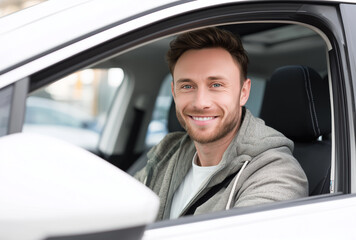 Young man smiling while sitting in the driver's seat of a white car, looking at the camera with confidence for automotive insurance, vehicle purchase and urban transportation concepts