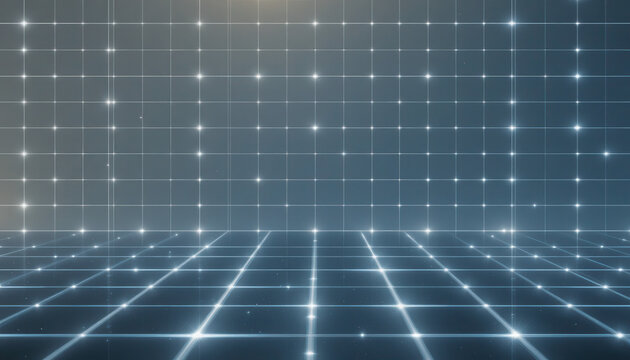 A futuristic digital grid with glowing lines and sparkling stars in a dark blue background - Powered by Adobe