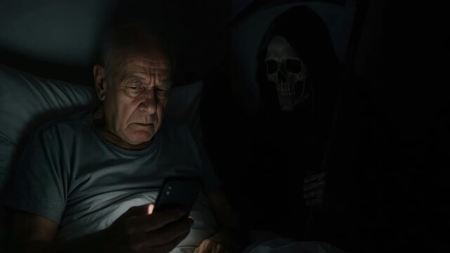 The Grim Reaper waits behind an elderly man using his smartphone in a dark bedroom. A scary concept about mortality and the end of life