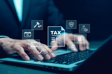 Digital tax and accounting management concept with virtual tax document icons, businessman typing on laptop, financial reporting, compliance, audit, online payment, and business finance technology.