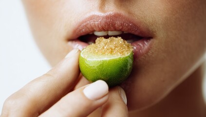 Woman eating a lime wedge with brown sugar.