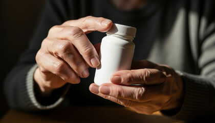 Close-up of senior elderly hands holding a medicine bottle of health pills and supplement for medical treatment. Patient taking pharmaceutical medication for wellness care.