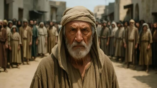 A cinematic portrait of a serious elderly man in historical biblical attire. A prophet or leader stands before a large crowd in an ancient village. Historical reenactment concept