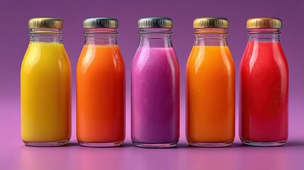 Bottles of colorful fruit juices on a purple background in a creative display