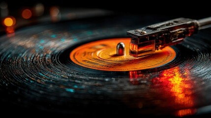 Vinyl record spinning on turntable with vibrant colors reflecting on the surface