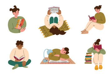 Set of scenes with people reading paper books, vector cartoon illustration collection in cute friendly style. Men and women sitting and lying with books, study and hobby themes for libraries