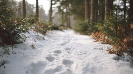 Snowy path in a forest. the path is covered in a thick layer of snow and there are footprints in the snow. on either side of the path, there are tall pine trees with green needles.