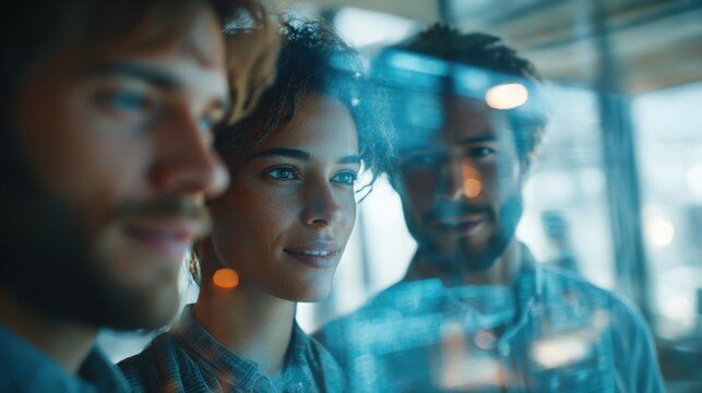 Group of young professionals collaborating and analyzing data in a modern office setting during the daytime - Powered by Adobe