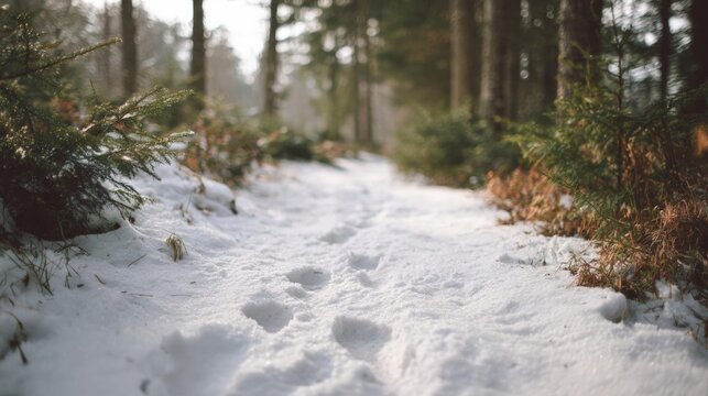 Snowy path in a forest. the path is covered in a thick layer of snow and there are footprints in the snow. on either side of the path, there are tall pine trees with green needles. - Powered by Adobe