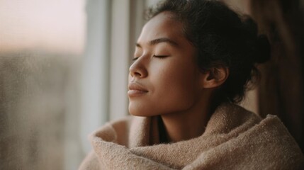 Close-up portrait of a young woman with her eyes closed and her head resting on a window sill.