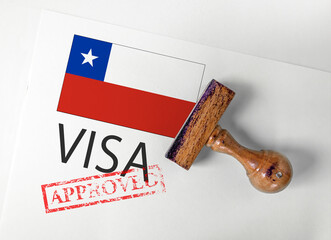 Chile Visa Approved with Rubber Stamp and flag
