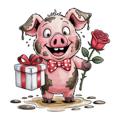 Adorable Mud-Covered Pig Celebrating with a Rose and Present