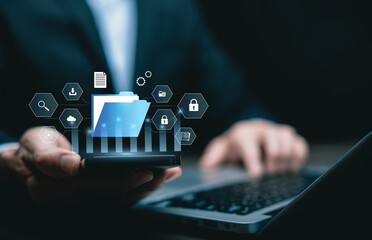 Cloud data and digital file management concept with secure folder interface, online storage, information protection, document access, data organization, and modern cloud computing technology for busin