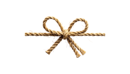 Gold bows and ribbons are tied in knots with brown jute twine, separated against a white background