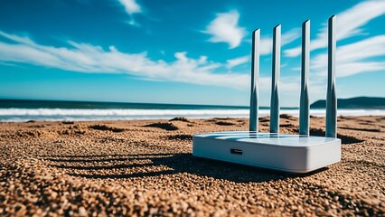 Wi-Fi router with antennas on a sandy beach with ocean waves and blue sky