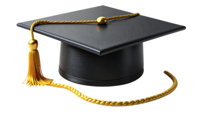 A black graduation cap with a gold tassel on a white background