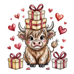 Adorable Fluffy Calf with Valentine's Gifts and Hearts