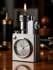 Luxury silver lighter with integrated analog clock and flame