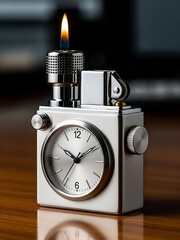 Luxury silver lighter with integrated analog clock and flame