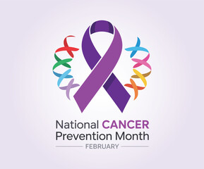 National Cancer Prevention Month February Awareness Poster with Colorful Ribbon Logo and Vibrant Floral Elements for Healthcare Marketing Campaign