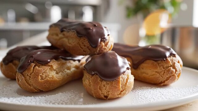 Chocolate eclairs stacked on a white plate with a dusting of powdered sugar, food photography